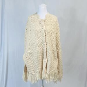 Vintage Handmade Crochet Shawl Cream Fringe Boho Cottagecore Wrap Eclectic